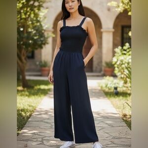 Skies Are Blue | Smocked Bodice Wide Leg Jumpsuit - Navy Blue - Pockets - NWT